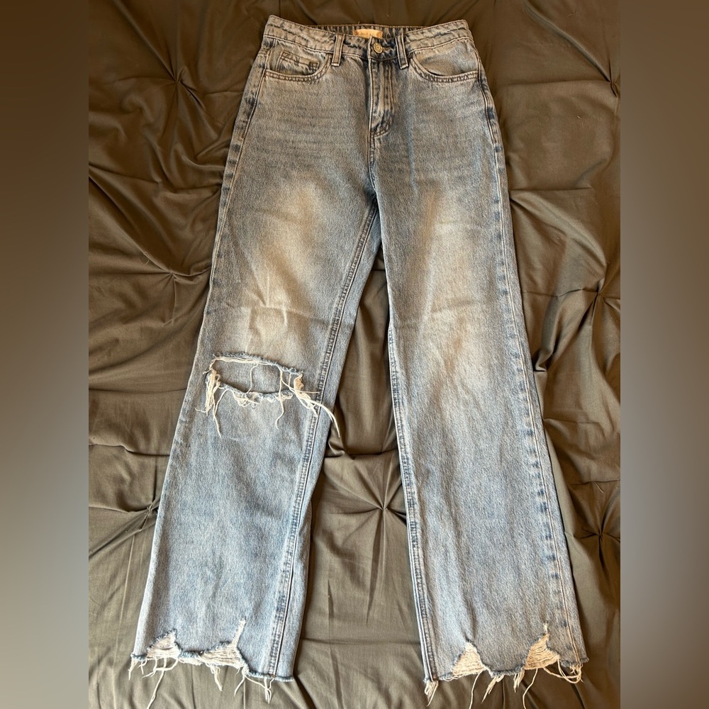 Altar’d State Jeans- High rise, straight leg, distressed leg cuffs